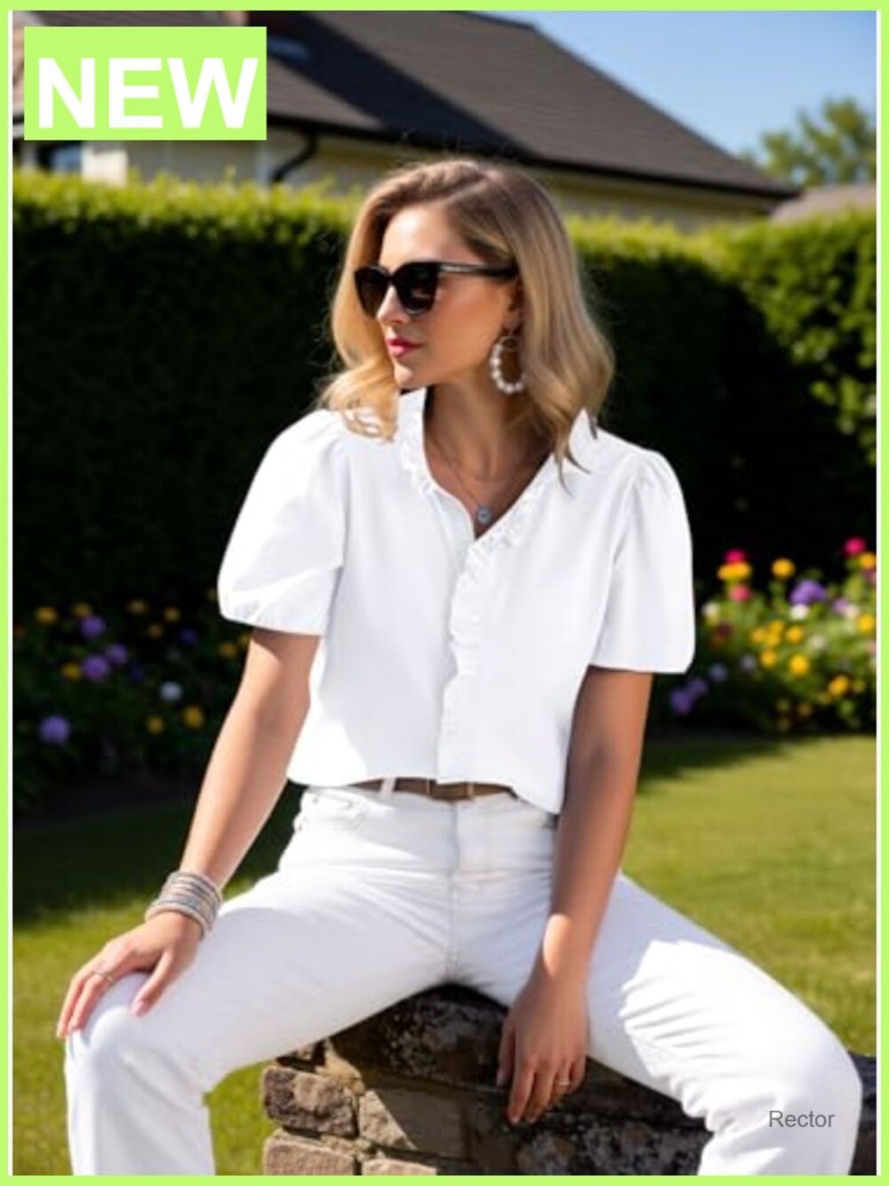 Puffy Sleeve Button Down Ruffle Blouse Work Top - Picture 5 of 6